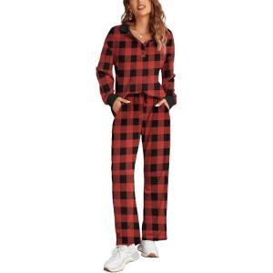 imageEkouaer Waffle Knit Pajamas Set for Women 2 Piece Outfits Long Sleeve Button Top and Wide Leg Pant with Pockets LoungewearBlack and Red Plaid