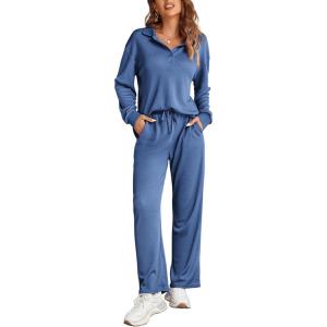 imageEkouaer Waffle Knit Pajamas Set for Women 2 Piece Outfits Long Sleeve Button Top and Wide Leg Pant with Pockets LoungewearBlue