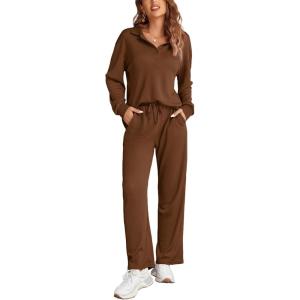 imageEkouaer Waffle Knit Pajamas Set for Women 2 Piece Outfits Long Sleeve Button Top and Wide Leg Pant with Pockets LoungewearBrown