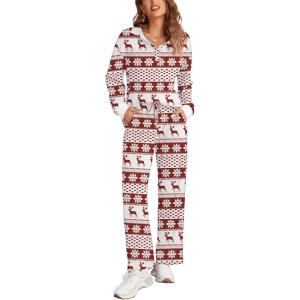 imageEkouaer Waffle Knit Pajamas Set for Women 2 Piece Outfits Long Sleeve Button Top and Wide Leg Pant with Pockets LoungewearChristmas Red