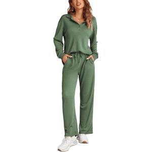 imageEkouaer Waffle Knit Pajamas Set for Women 2 Piece Outfits Long Sleeve Button Top and Wide Leg Pant with Pockets LoungewearGreen