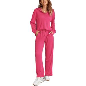 imageEkouaer Waffle Knit Pajamas Set for Women 2 Piece Outfits Long Sleeve Button Top and Wide Leg Pant with Pockets LoungewearHot Pink