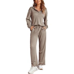 imageEkouaer Waffle Knit Pajamas Set for Women 2 Piece Outfits Long Sleeve Button Top and Wide Leg Pant with Pockets LoungewearKhaki