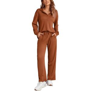 imageEkouaer Waffle Knit Pajamas Set for Women 2 Piece Outfits Long Sleeve Button Top and Wide Leg Pant with Pockets LoungewearLight Brown