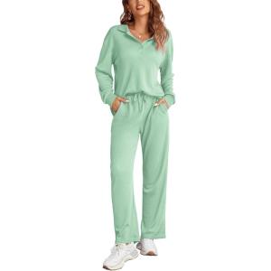 imageEkouaer Waffle Knit Pajamas Set for Women 2 Piece Outfits Long Sleeve Button Top and Wide Leg Pant with Pockets LoungewearLight Green