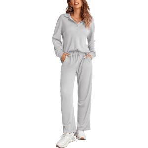 imageEkouaer Waffle Knit Pajamas Set for Women 2 Piece Outfits Long Sleeve Button Top and Wide Leg Pant with Pockets LoungewearLight Grey