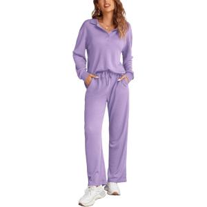 imageEkouaer Waffle Knit Pajamas Set for Women 2 Piece Outfits Long Sleeve Button Top and Wide Leg Pant with Pockets LoungewearLilac