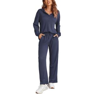 imageEkouaer Waffle Knit Pajamas Set for Women 2 Piece Outfits Long Sleeve Button Top and Wide Leg Pant with Pockets LoungewearNavy Blue