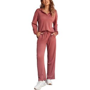 imageEkouaer Waffle Knit Pajamas Set for Women 2 Piece Outfits Long Sleeve Button Top and Wide Leg Pant with Pockets LoungewearPink