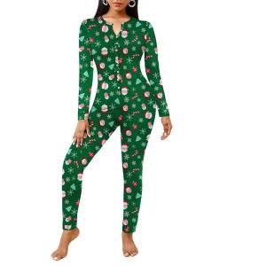 imageEkouaer Womens Onesie Adult Button One Piece Pajama Long Sleeve Onesie Pajamas Jumpsuit Sleepwear for WomenGreen Santa