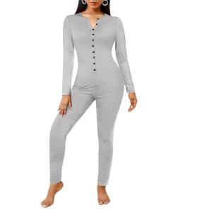 imageEkouaer Womens Onesie Adult Button One Piece Pajama Long Sleeve Onesie Pajamas Jumpsuit Sleepwear for WomenGrey