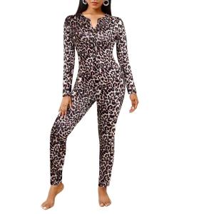 imageEkouaer Womens Onesie Adult Button One Piece Pajama Long Sleeve Onesie Pajamas Jumpsuit Sleepwear for WomenLeopard Print