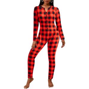 imageEkouaer Womens Onesie Adult Button One Piece Pajama Long Sleeve Onesie Pajamas Jumpsuit Sleepwear for WomenPlaid