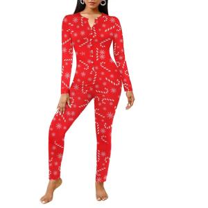 imageEkouaer Womens Onesie Adult Button One Piece Pajama Long Sleeve Onesie Pajamas Jumpsuit Sleepwear for WomenRed Cane