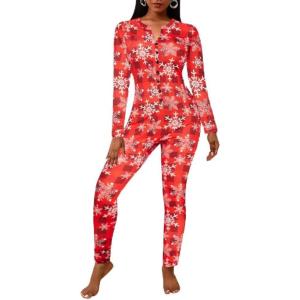 imageEkouaer Womens Onesie Adult Button One Piece Pajama Long Sleeve Onesie Pajamas Jumpsuit Sleepwear for WomenSnowflake