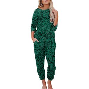 imageEkouaer Womens Pajamas Set Long Sleeve Loungewear Soft Lounge Set Joggers with PocketsGreen Leopard