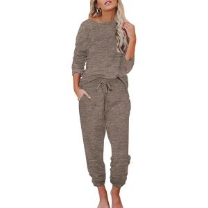 imageEkouaer Womens Pajamas Set Long Sleeve Loungewear Soft Lounge Set Joggers with PocketsLight Brown