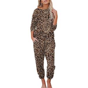 imageEkouaer Womens Pajamas Set Long Sleeve Loungewear Soft Lounge Set Joggers with PocketsPattern1 Leopard