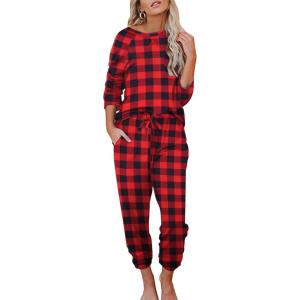 imageEkouaer Womens Pajamas Set Long Sleeve Loungewear Soft Lounge Set Joggers with PocketsRed and Black Plaid