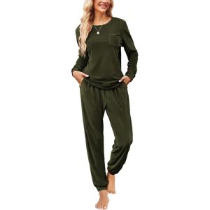 imageEkouaer Womens Pajamas Sets Long Sleeve Soft Sleepwear 2 Piece Velvet Pjs Lounge Sets with PocketsArmy Green