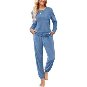 imageEkouaer Womens Pajamas Sets Long Sleeve Soft Sleepwear 2 Piece Velvet Pjs Lounge Sets with PocketsBlue