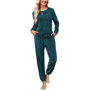 imageEkouaer Womens Pajamas Sets Long Sleeve Soft Sleepwear 2 Piece Velvet Pjs Lounge Sets with PocketsBlue Green