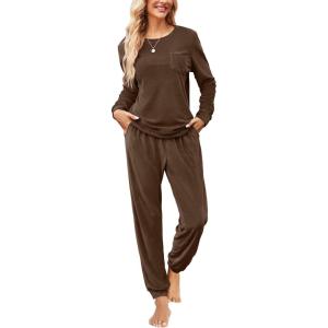 imageEkouaer Womens Pajamas Sets Long Sleeve Soft Sleepwear 2 Piece Velvet Pjs Lounge Sets with PocketsBrown