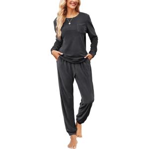 imageEkouaer Womens Pajamas Sets Long Sleeve Soft Sleepwear 2 Piece Velvet Pjs Lounge Sets with PocketsGrey