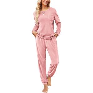 imageEkouaer Womens Pajamas Sets Long Sleeve Soft Sleepwear 2 Piece Velvet Pjs Lounge Sets with PocketsHot Pink