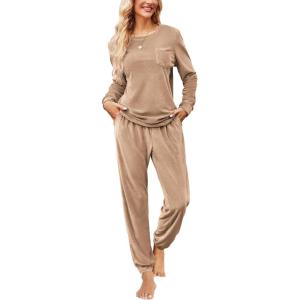 imageEkouaer Womens Pajamas Sets Long Sleeve Soft Sleepwear 2 Piece Velvet Pjs Lounge Sets with PocketsKhaki