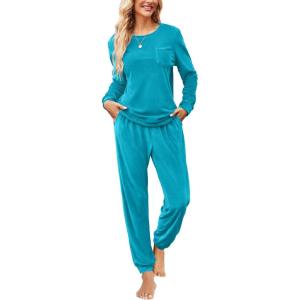 imageEkouaer Womens Pajamas Sets Long Sleeve Soft Sleepwear 2 Piece Velvet Pjs Lounge Sets with PocketsLake Blue