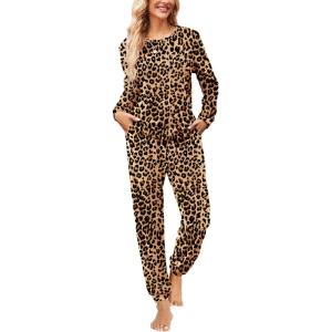 imageEkouaer Womens Pajamas Sets Long Sleeve Soft Sleepwear 2 Piece Velvet Pjs Lounge Sets with PocketsLeopard