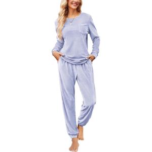 imageEkouaer Womens Pajamas Sets Long Sleeve Soft Sleepwear 2 Piece Velvet Pjs Lounge Sets with PocketsLight Blue