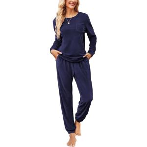 imageEkouaer Womens Pajamas Sets Long Sleeve Soft Sleepwear 2 Piece Velvet Pjs Lounge Sets with PocketsNavy Blue