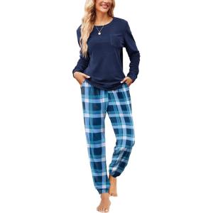 imageEkouaer Womens Pajamas Sets Long Sleeve Soft Sleepwear 2 Piece Velvet Pjs Lounge Sets with PocketsPlaid Blue