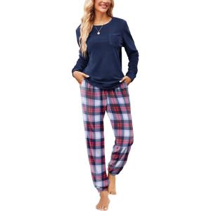 imageEkouaer Womens Pajamas Sets Long Sleeve Soft Sleepwear 2 Piece Velvet Pjs Lounge Sets with PocketsPlaid Navy