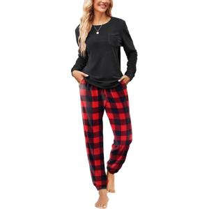 imageEkouaer Womens Pajamas Sets Long Sleeve Soft Sleepwear 2 Piece Velvet Pjs Lounge Sets with PocketsPlaid Red