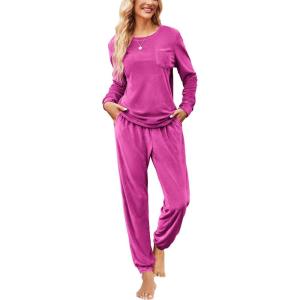 imageEkouaer Womens Pajamas Sets Long Sleeve Soft Sleepwear 2 Piece Velvet Pjs Lounge Sets with PocketsRose Red