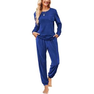 imageEkouaer Womens Pajamas Sets Long Sleeve Soft Sleepwear 2 Piece Velvet Pjs Lounge Sets with PocketsSnorkel Blue