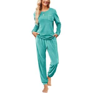 imageEkouaer Womens Pajamas Sets Long Sleeve Soft Sleepwear 2 Piece Velvet Pjs Lounge Sets with PocketsTurquoise Green