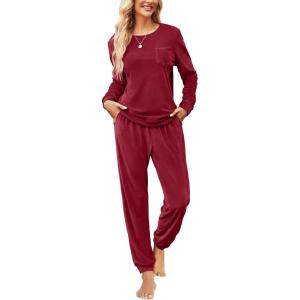 imageEkouaer Womens Pajamas Sets Long Sleeve Soft Sleepwear 2 Piece Velvet Pjs Lounge Sets with PocketsWine Red