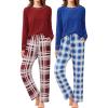 imageEkouaer 2 Pack Women Pajama Long Sleeve Sleepwear Soft Loungewear Pjs Sets with Pockets SXXLWine Red PlaidBlue Plaid