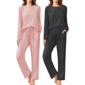 imageEkouaer 2 Pack Women Pajama Long Sleeve Sleepwear Soft Loungewear Pjs Sets with Pockets SXXLBlack PointKhaki Striped