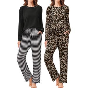 imageEkouaer 2 Pack Women Pajama Long Sleeve Sleepwear Soft Loungewear Pjs Sets with Pockets SXXLBlack StripedLeopard