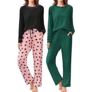 imageEkouaer 2 Pack Women Pajama Long Sleeve Sleepwear Soft Loungewear Pjs Sets with Pockets SXXLBlue GreenPink Heart