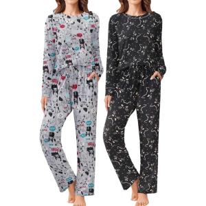 imageEkouaer 2 Pack Women Pajama Long Sleeve Sleepwear Soft Loungewear Pjs Sets with Pockets SXXLDogCat