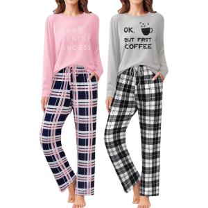 imageEkouaer 2 Pack Women Pajama Long Sleeve Sleepwear Soft Loungewear Pjs Sets with Pockets SXXLLight Pink PlaidGrey Plaid