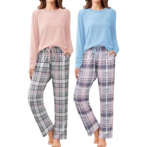 imageEkouaer 2 Pack Women Pajama Long Sleeve Sleepwear Soft Loungewear Pjs Sets with Pockets SXXLLight Pink PlaidLight Blue Plaid