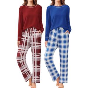 imageEkouaer 2 Pack Women Pajama Long Sleeve Sleepwear Soft Loungewear Pjs Sets with Pockets SXXLWine Red PlaidBlue Plaid