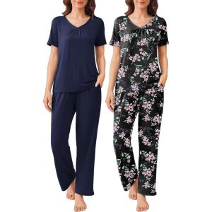 imageEkouaer 2 Pack Womens Pajama Sets Short Sleeve with Long Pant Pjs Sleepwear Loungewear with Pockets SXXLBlack Flowers Navy Blue